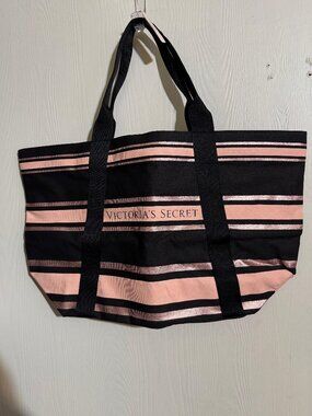 Victoria's Secret tote bag in black and pink with metallic stripes